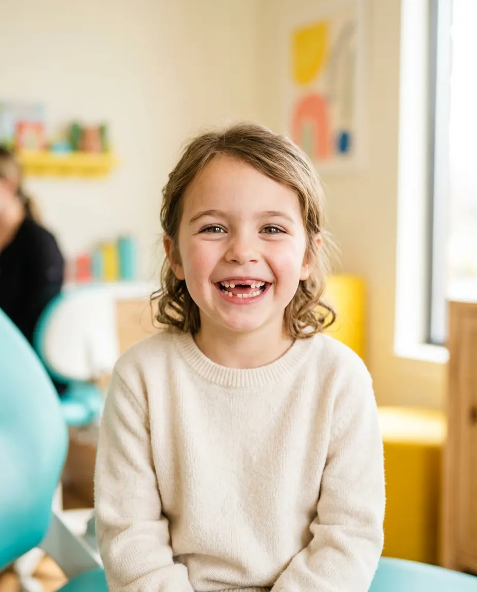 A happy child smiling in a bright pediatric dental office